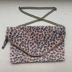 J Crew 100% Leather Leopard Print Chain Strap Envelope Clutch
